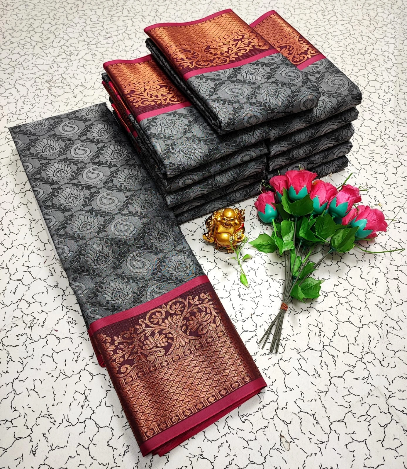 Charcoal Grey with Magenta Pink Border Copper Zari Soft Silk Saree